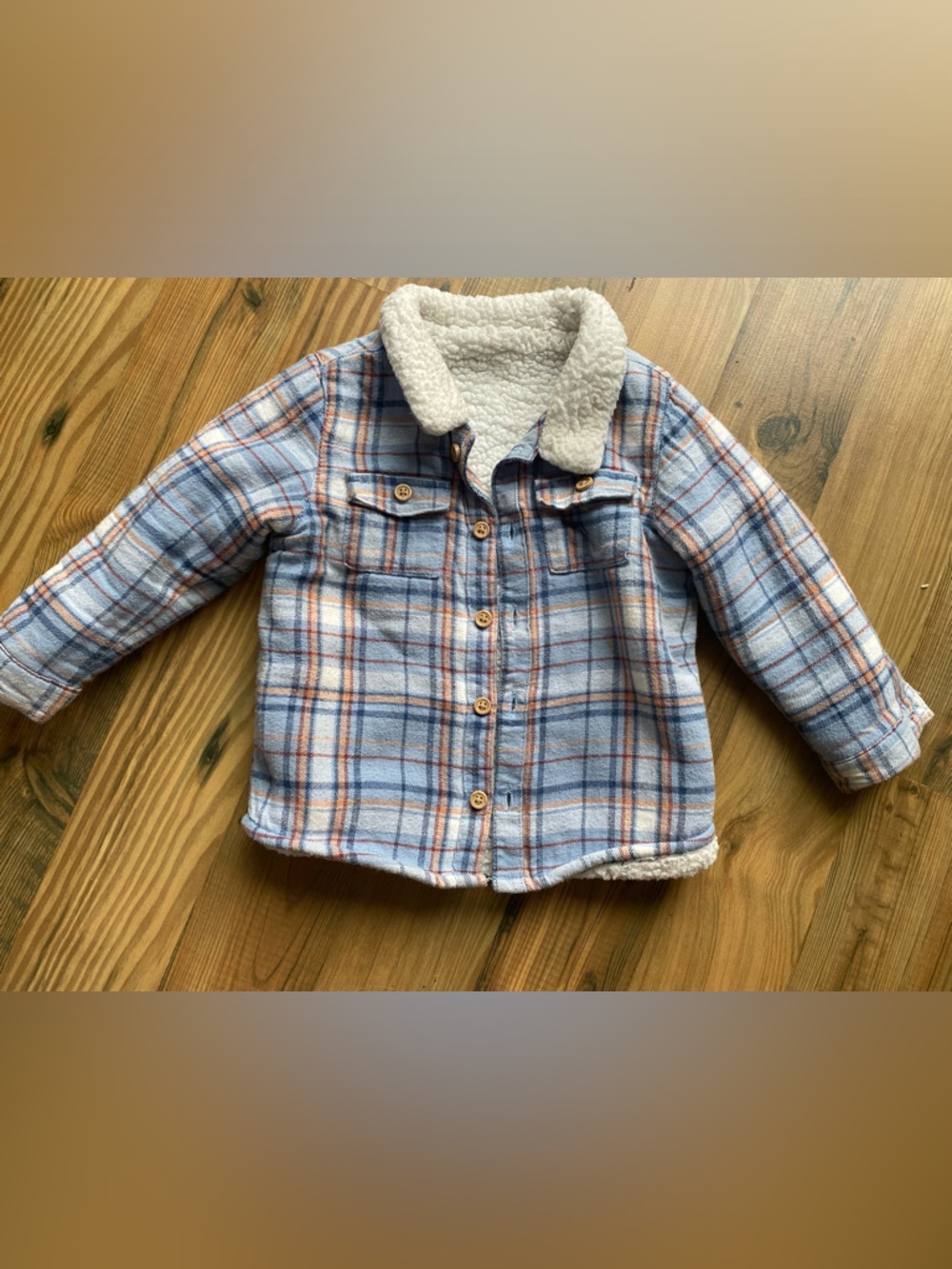 Plaid Sherpa-Lined Button Front Jacket - Light Blue & Cream